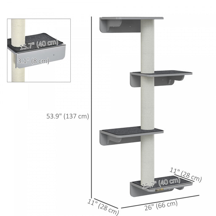 Pawhut Cat Wall Climber With 4 Platforms & 3 Scratching Posts, Wall-mounted Cat Shelf For Climbing And Lounging, Includes Soft Mats, Light Grey