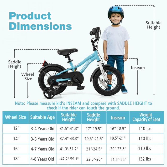 Costway 12" Kids Bike For 3-4 Years Old Boys & Girls With Adjustable Seat Handbrake Reflectors Blue
