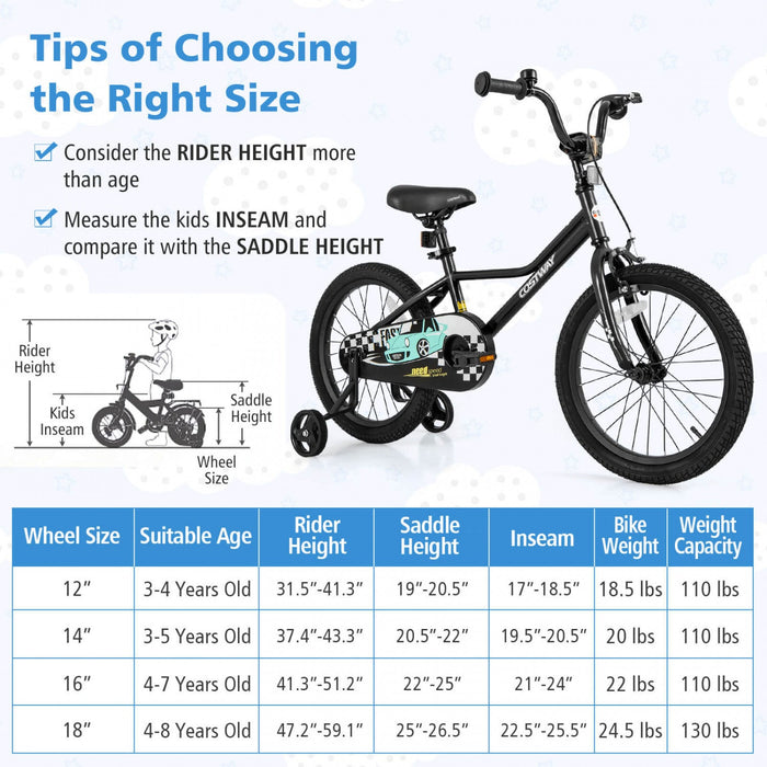Costway 18" Kids Training Bike With Removable Training Wheels Pneumatic Tires Black