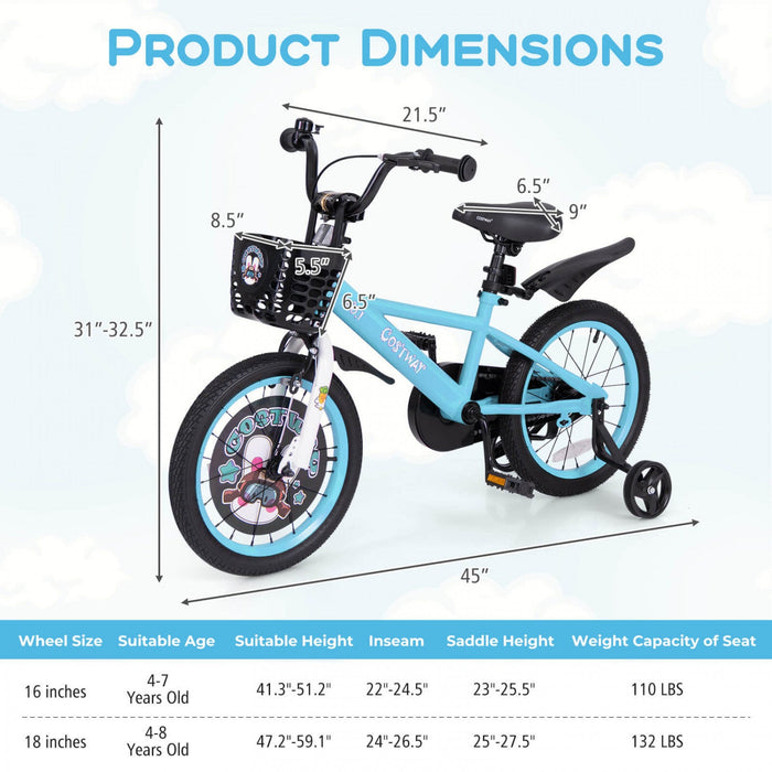 16" Kid's Bike For 4-7 With Height-adjustable Handlebar & Saddle Handbrake Blue