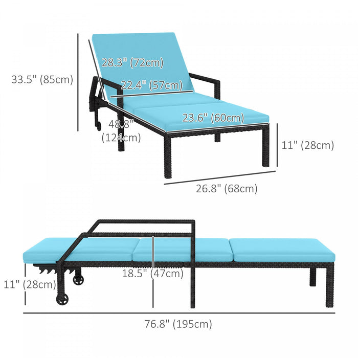 Outsunny 2 Pcs Wicker Patio Loungers W/ Wheels, Adjustable Backrest, Blue