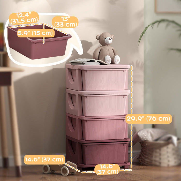Qaba Kids Toy Storage Organizer With 4 Plastic Bins, 4 Tier Drawer Chest Utility For Kids Bedroom Nursery Kindergarten Living Room For Boys Girls Toddlers, Pink