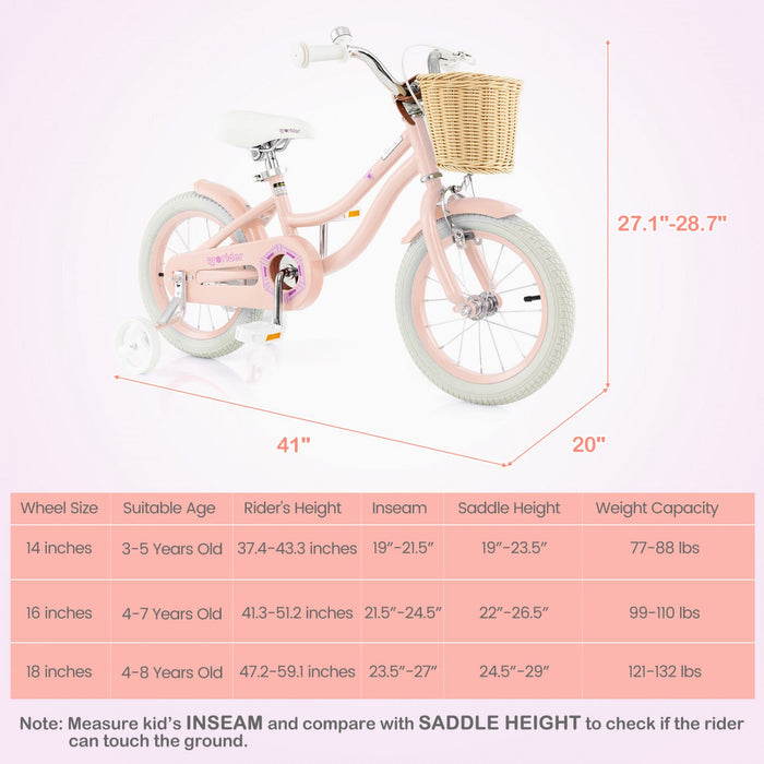 Prorider 14" Kid's Bike With Training Wheels Adjustable Handlebar Seat Handbrake Pink
