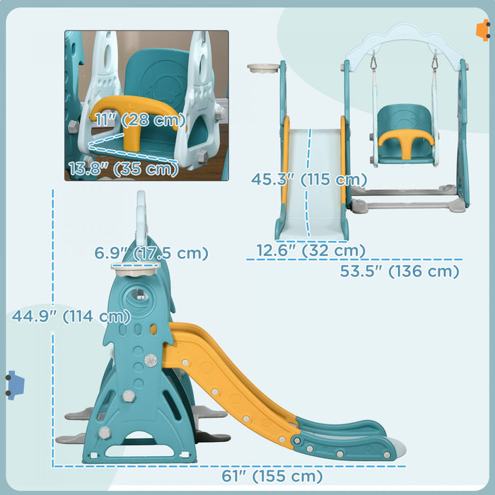 Qaba Kids Slide And Swing Set 3 In 1 Indoor Playground With Basketball Hoop, Adjustable Swing, Climb