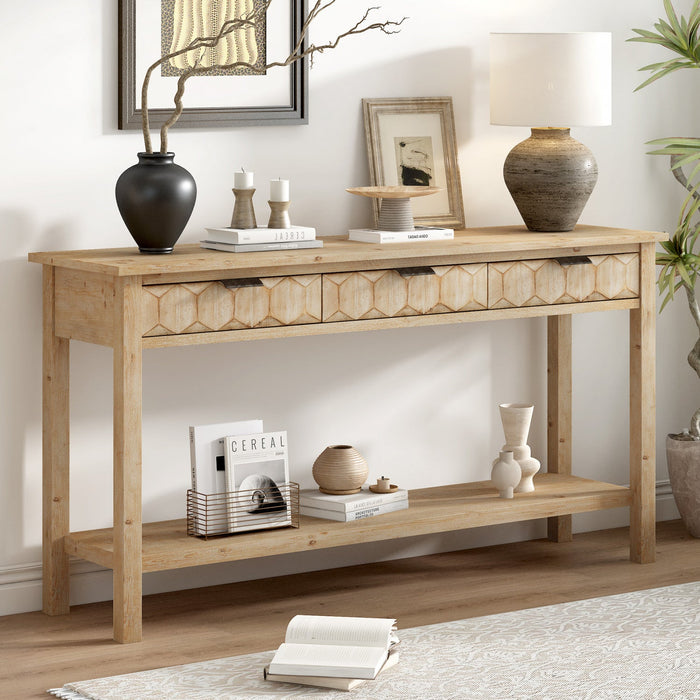 Oliver 60'' Fir Veneer Entryway Table with Honeycomb Design and Drawers, Natural Sofa Table  