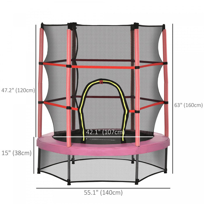 Outsunny 55" Kids Trampoline with Enclosure Net Steel Frame Indoor Round Bouncer Rebounder Age 3 to 6 Years Old, Pink