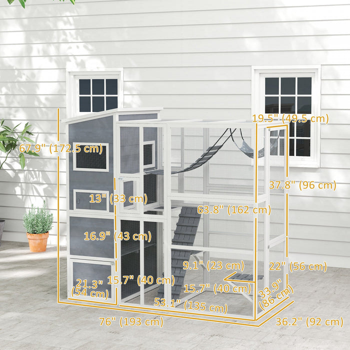 Pawhut Catio Outdoor Cat Enclosure, 76\" L Large Weatherproof Cat House With Cat Condo, Jumping Platf