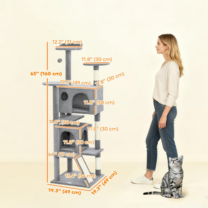 PawHut 63" Cat Tree, Cat Tower for Indoor Cats with Scratching Posts, Cat Condos, Bed, Platforms, Ramp, Toy Ball, Cat Activity Center, Light Grey