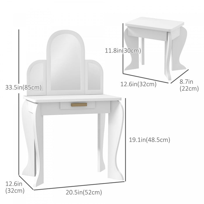Qaba Kids Dressing Table And Chair Set, Girls Dressing Set, Makeup Desk With Drawer For 3-6 Years Ol