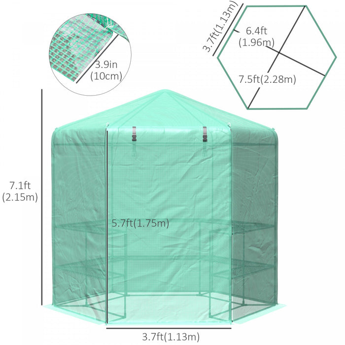 Outsunny 7.5' X 6.5' Walk-in Greenhouse With 3-tier Shelves, Hexagonal Portable Green House With Rol
