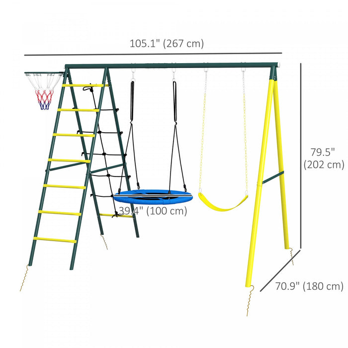 Outsunny 5 In 1 Swing Set For Kids With Saucer Swing, Seat, Climbing Ladder/net, Basketball Hoop, Me