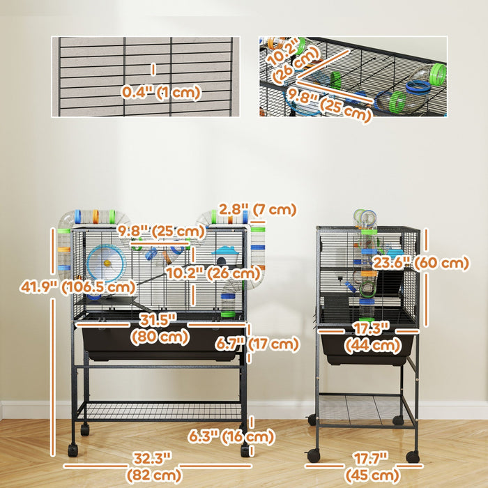 Pawhut Large Hamster Cage With 7" Deep Tray, 3 Tier Rolling Gerbil Cage With Storage Shelf, Big Exercise Wheel, Tube System, Hut, Platforms, Ramps, For Syrian, Gerbil, Rat