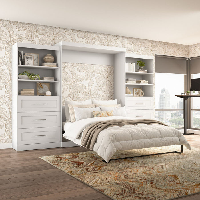 Bestar Pur Queen Murphy Bed and Two Shelving Units with Drawers (136 W) - White