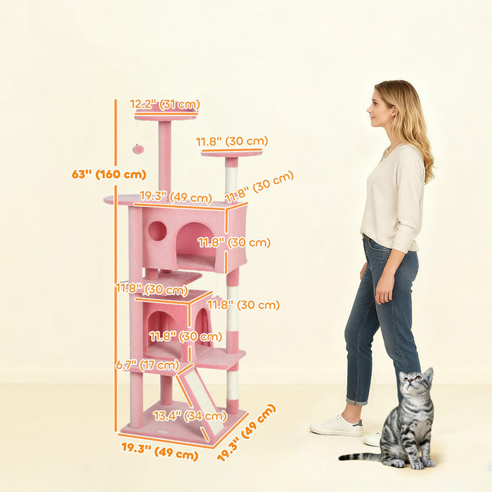 PawHut 63" Cat Tree, Cat Tower for Indoor Cats with Scratching Posts, Cat Condos, Bed, Platforms, Ramp, Toy Ball, Cat Activity Center, Pink