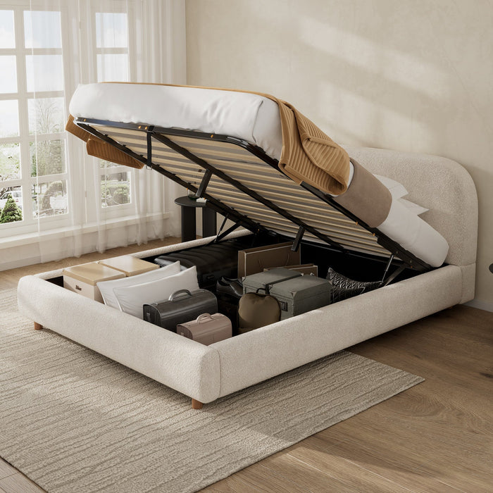Laurel Ottoman Hydraulic Lift Storage Platform Bed with Boucle Upholstered and Hidden Under-White  