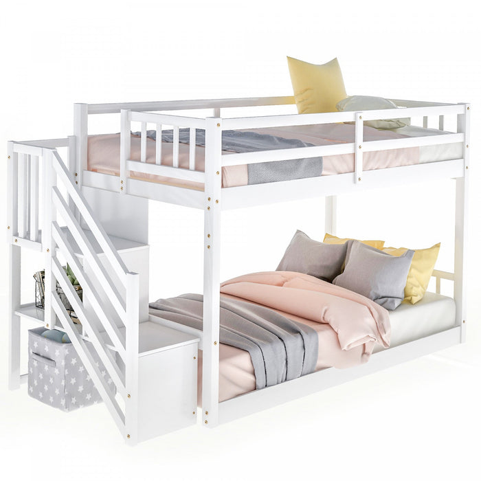 Joanna Twin Floor Solid Wood Bunk Bed With Storage Ladder, Low Height Design - White 