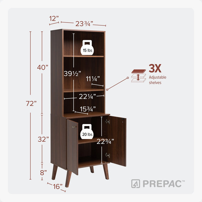 Milo Mid-Century Modern Tall Bookcase with Adjustable Shelves, 2 Doors & Brushed Brass-Finished Knobs - Cherry