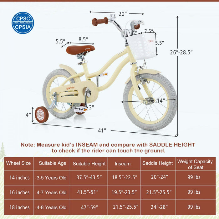 Prorider 14" Kid's Bike With Removable Training Wheels & Basket For 3-5 Years Old Beige