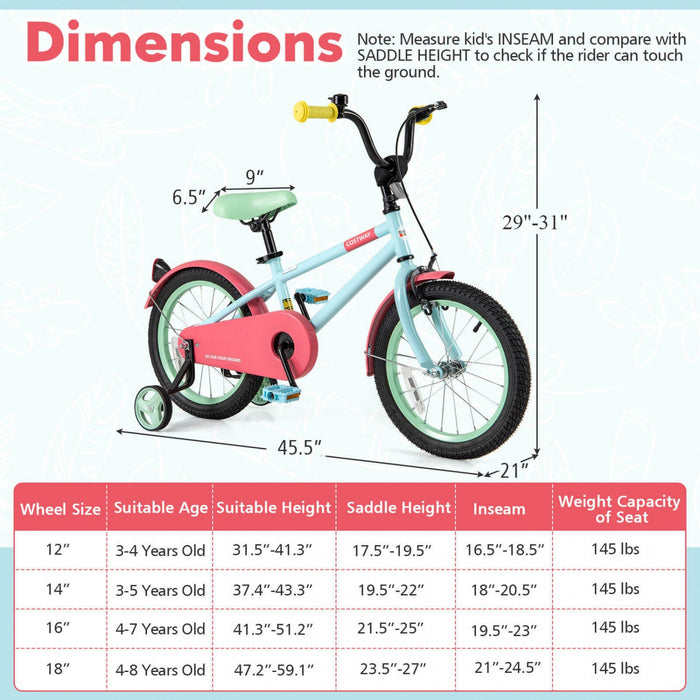 Costway 16" Kids Bike With Adjustable Saddle Handlebar Removable Training Wheels Handbrake Red