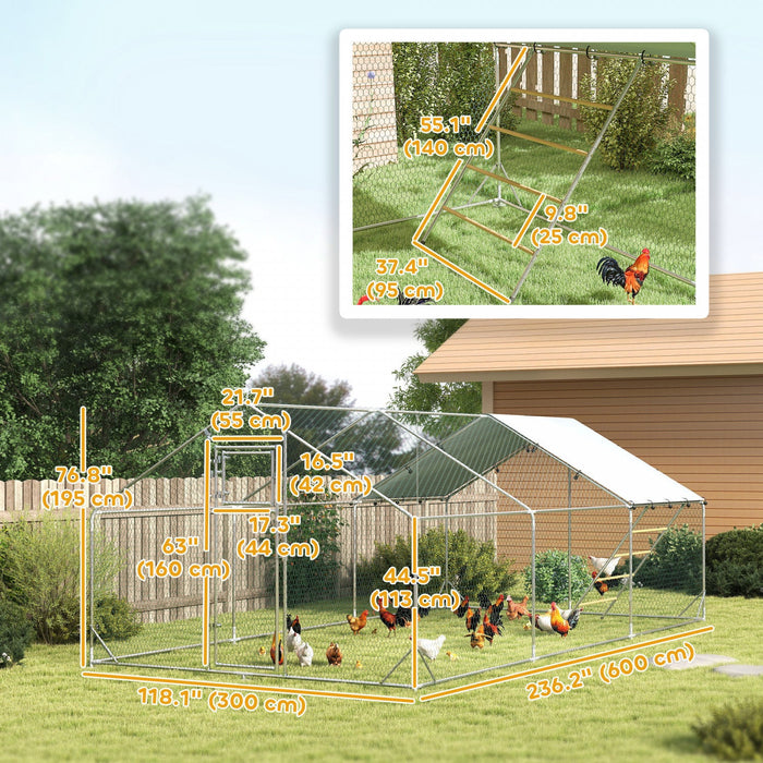 Pawhut Chicken Run, Large Metal Chicken Coop With Feeding Door, Waterproof & Uv-resistant Cover, Hanging Feeder, Perch, Poultry Cage For Outdoor, Backyard, Farm, For 18-24 Poultry