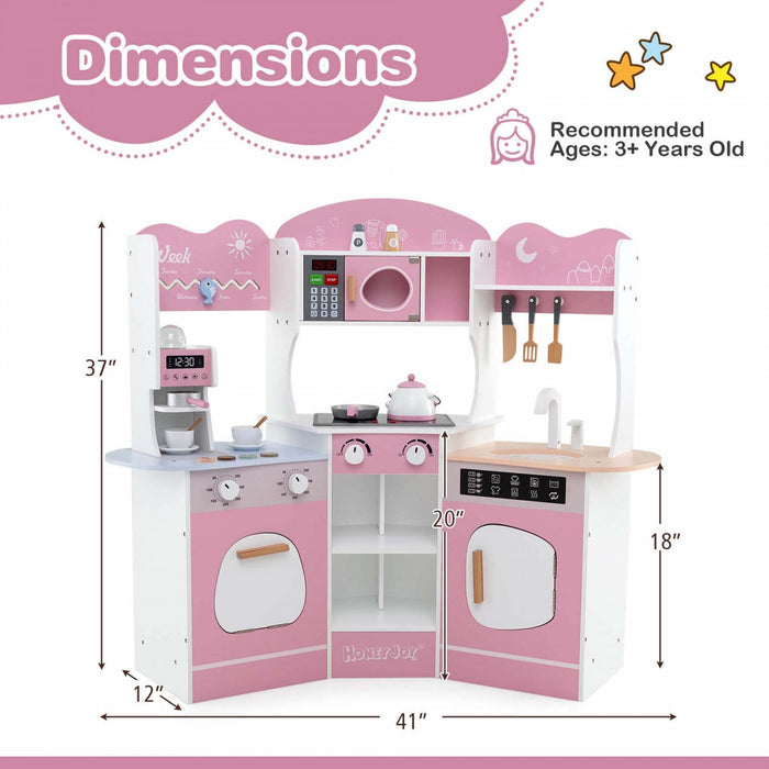 Honeyjoy Corner Kitchen Playset With Coffee Machine Oven Microwave Washing Machine Pink