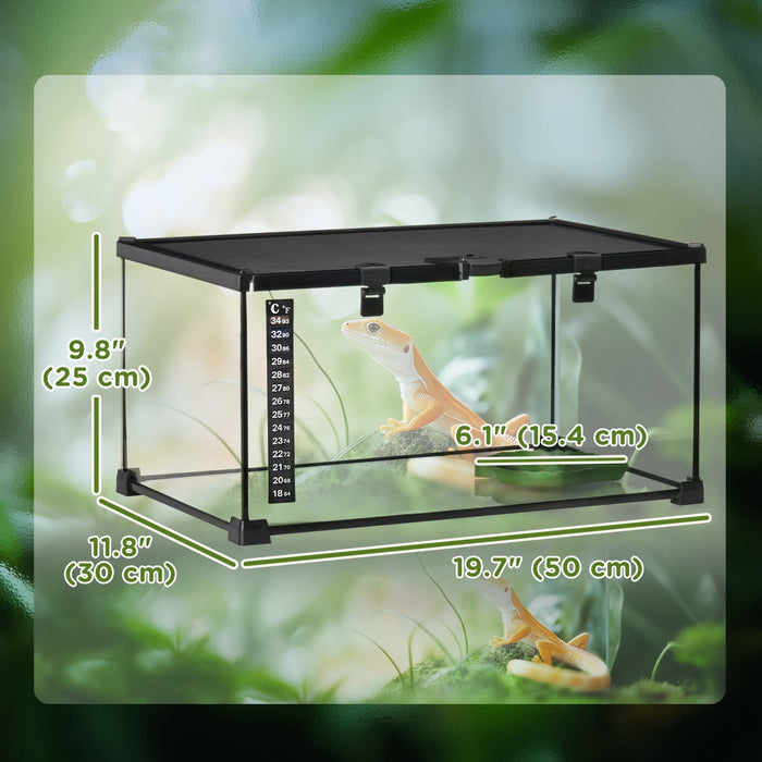 Pawhut Glass Reptile Terrarium, 20"x12"x10"jumping Spider Enclosure With Thermometer, Water Basin, Full View Visually For Lizards, Horned Frogs, Snakes, Spiders - Black