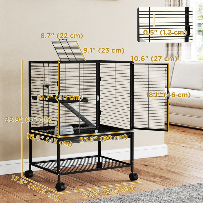 Pawhut Small Animal Cage With Wheels, Pet Playpen For Rat, Kitten, Ferrets, Chinchillas With Bottom Storage Shelf, Removable Tray, Ramp, 24.2" X 17.9" X 33.9", Black