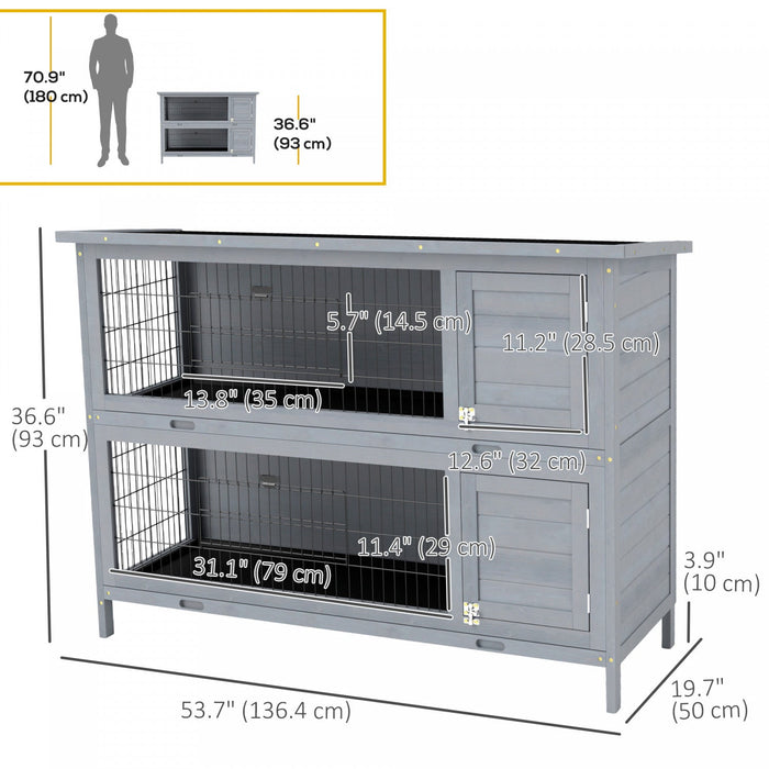 Pawhut 54" 2-story Large Rabbit Hutch Bunny Cage Wooden Pet House Small Animal Habitat With Lockable Doors, No Leak Tray And Waterproof Roof For Rabbits, Chickens, Ducks, Outdoor/indoor Gray