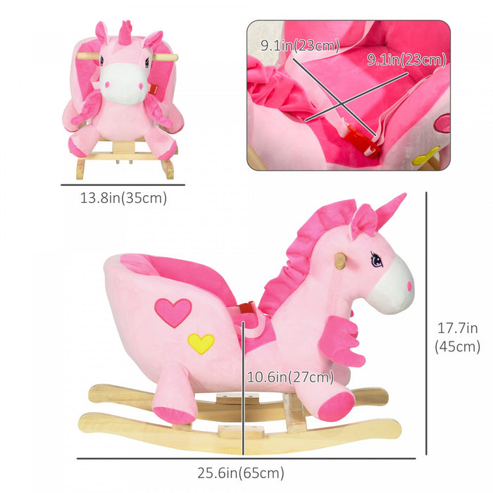 Qaba Baby Rocking Horse Ride On Unicorn With Songs, Toddler Rocker Toy With Wooden Base Seat Safety 