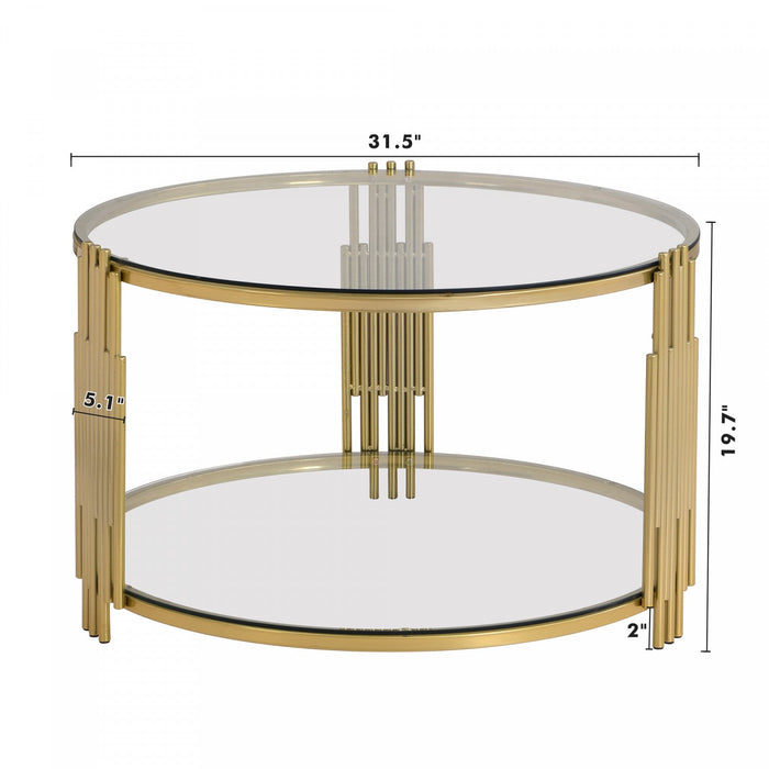 Jonas 31.5\" Round Tempered Glass Coffee Table With Lower Shelf -  Transparent 