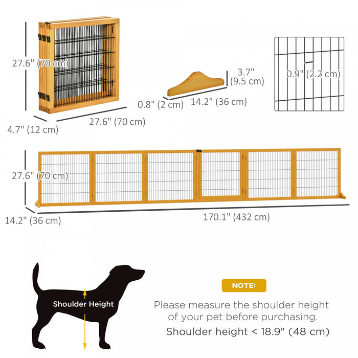 Pawhut Wooden Pet Gate, Dog Safety Barrier, Freestanding Foldable Fence, W/ 6 Panels, 2 Support Feet