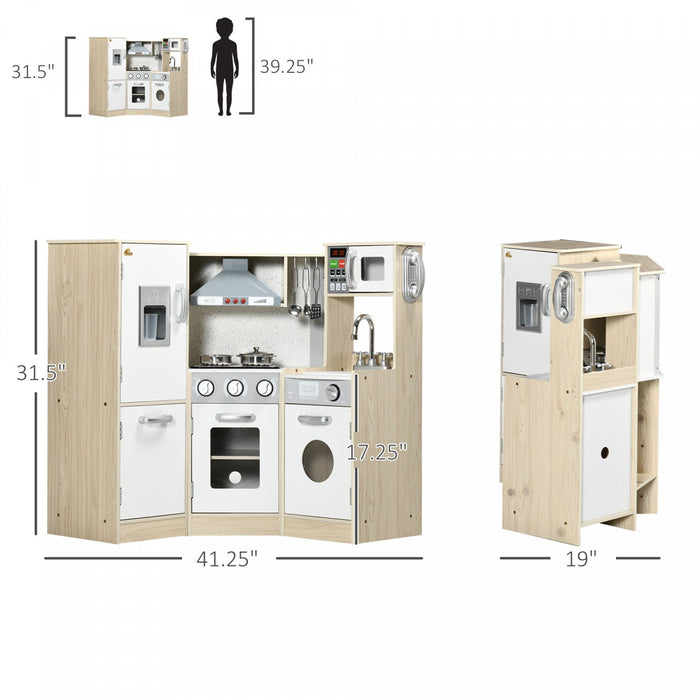 Qaba Wooden Play Kitchen With Lights Sounds, Corner Kids Kitchen Playset With Play Phone, Ice Maker,