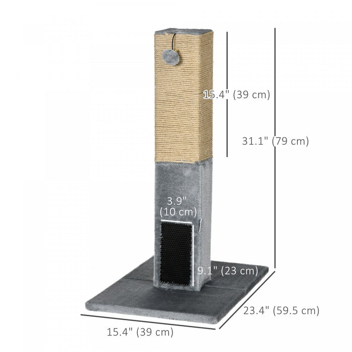 Pawhut Cat Scratching Post, 31" Tall Cat Scratcher For Indoor Cats, Natural Sisal Cat Scratch Post With Hanging Balls, Grooming Brushes, Stable Base, Grey