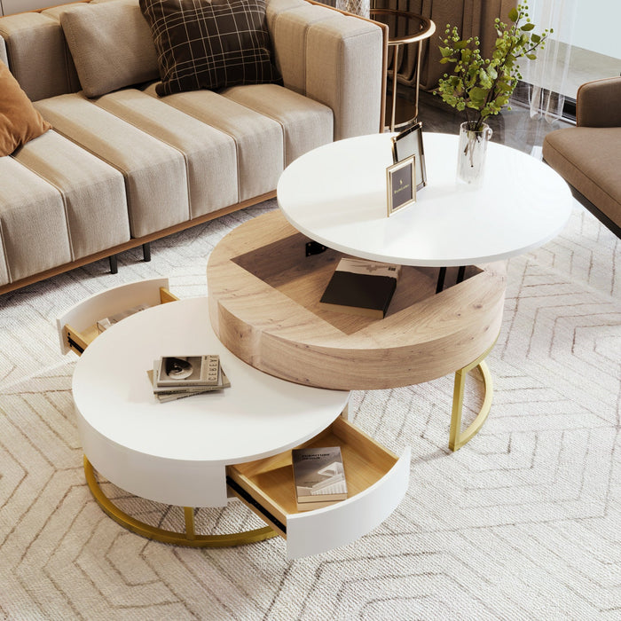 Sherry 31.5\" Round Engineered Wood Lift-top Nesting Coffee Table With Drawers - White 