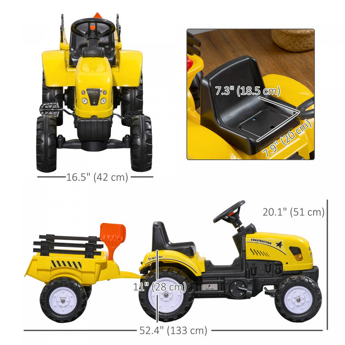 Aosom Ride On Excavator For Kids, Pedal Ride On Tractor With Back Storage Trailer, Shovel, Rake, Hor