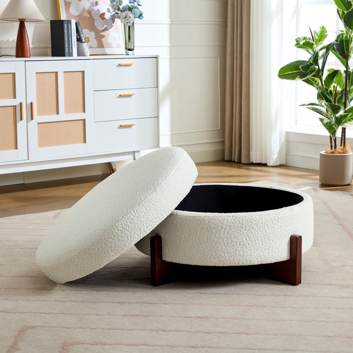 Sophia Round Storage Ottoman Coffee Table with Tufted Upholstery - White 