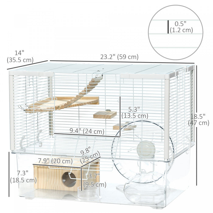 Pawhut Hamster Cage, Transparent Small Animal House With Deep Bottom, Wooden Ramp, Hut, Bathroom And Exercise Wheel For Hamster And Gerbil, 23.2" L X 14" W X 18.5" H, Single Hut