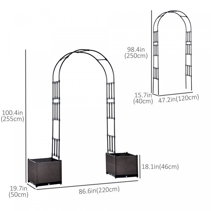 Outsunny 8ft Garden Arch With Two Planters Outdoor Steel Trellis Arbor For Climbing Plants, Weddings