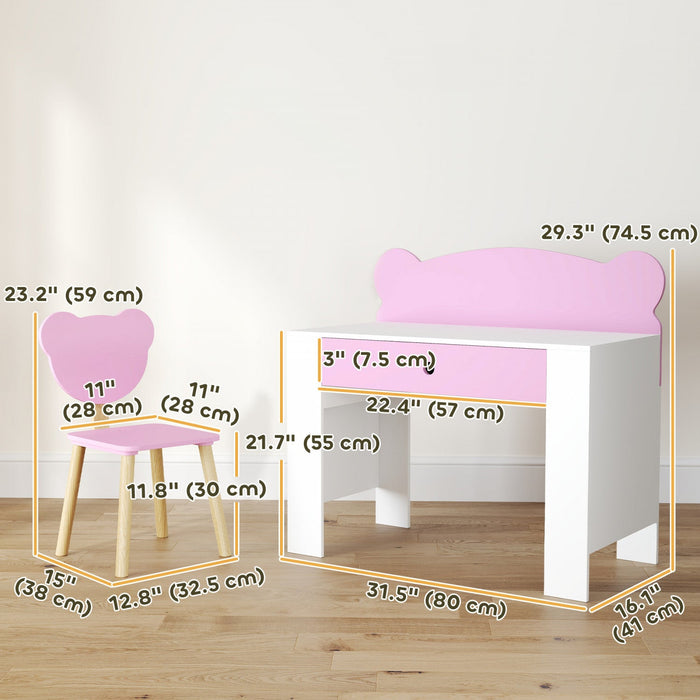 Qaba Kids Desk And Chair Set, Study Table And Chair With Storage Drawer For Drawing, Reading, Writing, Bear Theme Children Activity Table Set For Bedroom, Daycare, Playroom (pink)