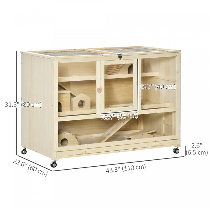 Pawhut Wooden Hamster Cage, 3 Tier Rat Cage With Openable Roof, Run, Ladders, Wheels, Tray, For Hams