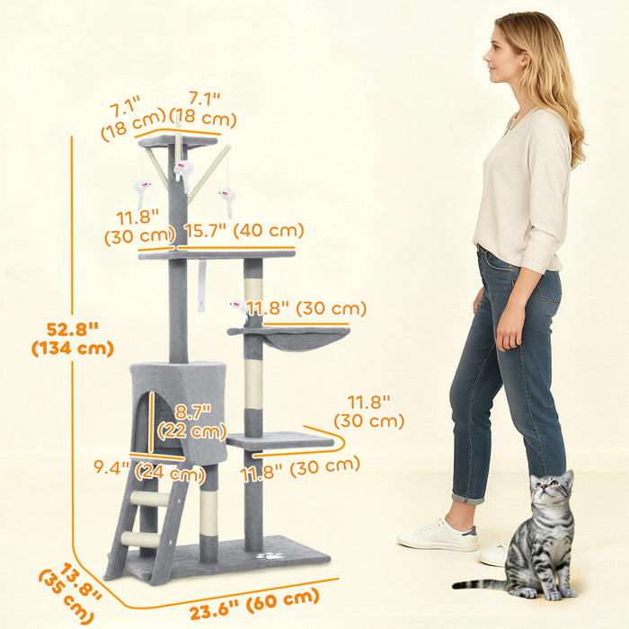 PawHut Cat Tree, 53" Cat Tower for Indoor Kittens with Sisal Scratching Posts, Plush Perches, Condo, Hammock, Ladder, Dangling Toys, Multi-Level Kitty Activity Centre, Grey