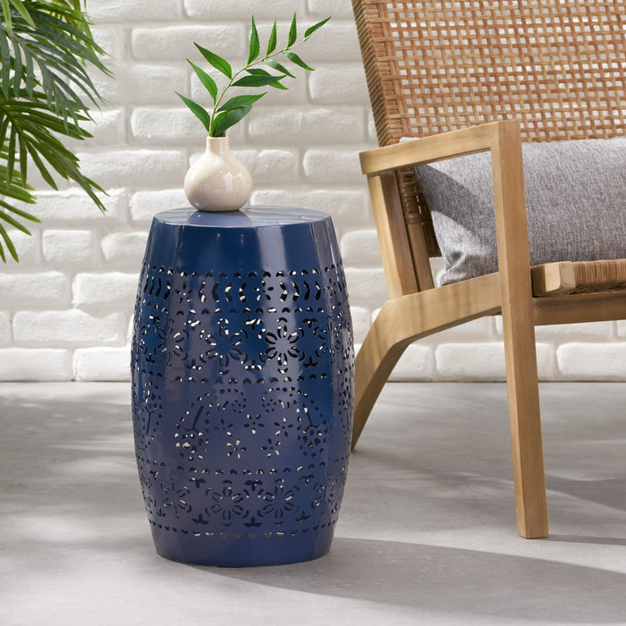 Phoenix Indoor 12\" Barrel Shape Iron Side Table With Lace-cut Design - Navy Blue 
