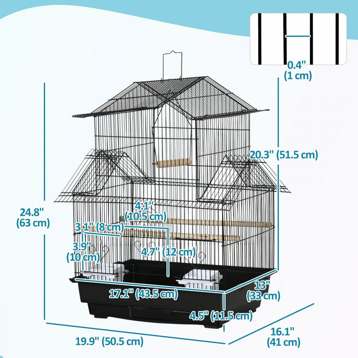 Pawhut 25" Bird Cage For Finches, Canaries, Budgies, Indoor Parrot Cage With Perch, Swing, Food Container, Slide-out Tray, Handle, Black