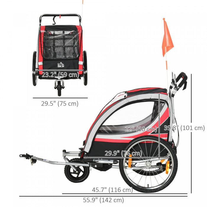 Aosom 2-in-1 Bike Trailer For Kids 2 Seater, Baby Stroller With Brake, Storage Bag, Safety Flag, Ref