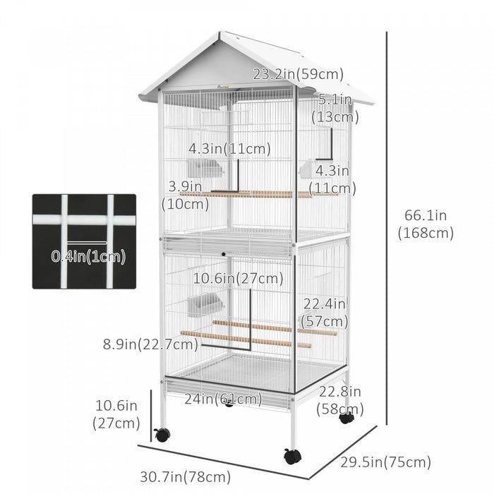Pawhut Wrought Metal Bird Cage Feeder With Rolling Stand Perches Food Containers Doors Wheels 67\" H,