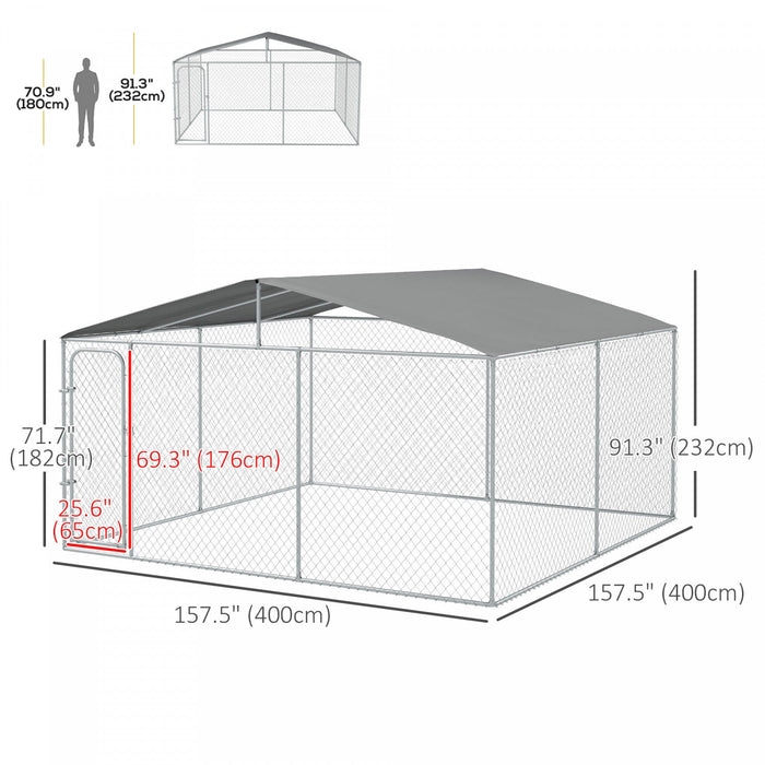 Pawhut Dog Kennel Outdoor Run Fence With Roof, Steel Lock, Mesh Sidewalls For Backyard & Patio, 13.1