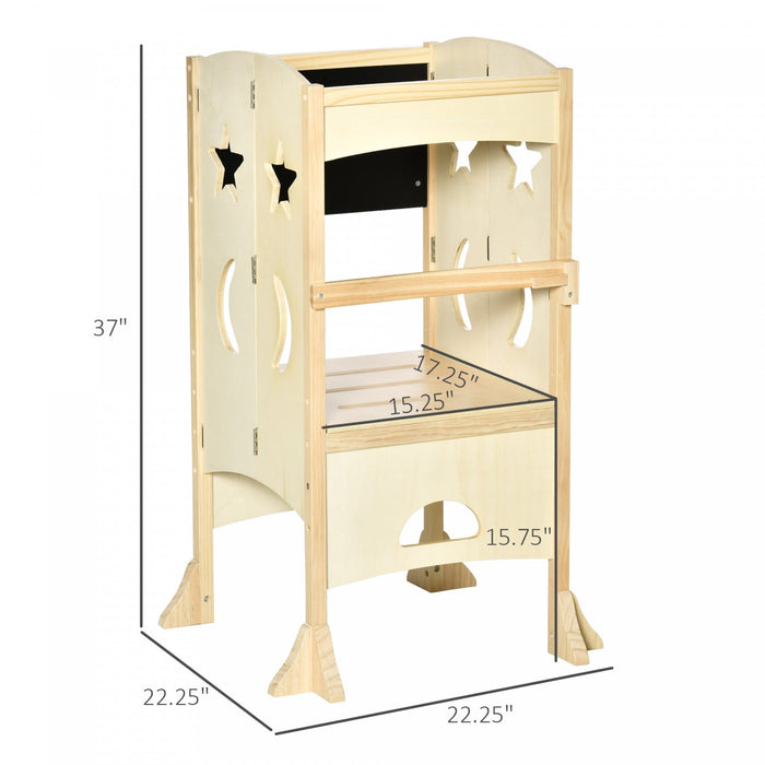 Qaba Kids Kitchen Helper Foldable Step Stool Toddler Kitchen Stool With Blackboard Lockable Handrail