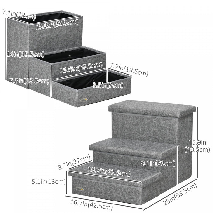 Pawhut Pet Stairs, 3-tier Dog Steps For High Bed Couch With Storage Box, Portable Pet Steps Home Lad