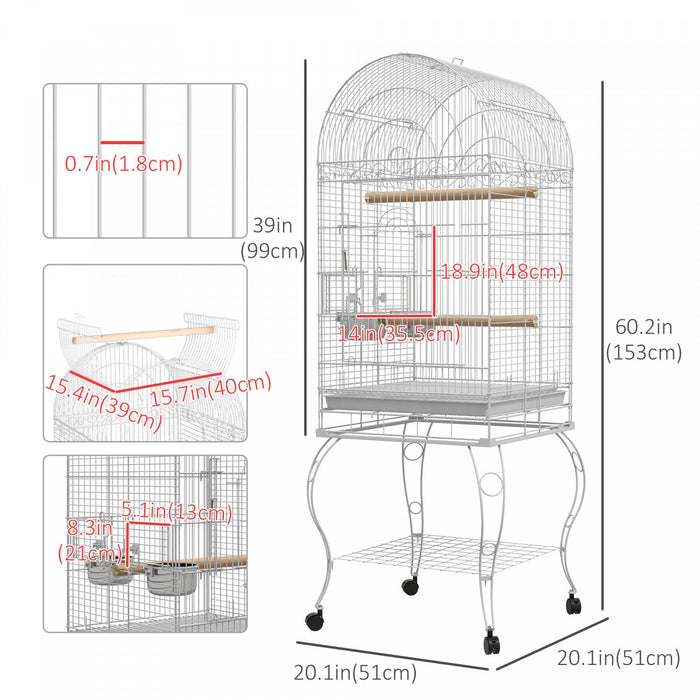 Pawhut 60\" Bird Cage Open Top For Finches, Canaries, Budgies, With Rolling Stand, Removable Tray, St