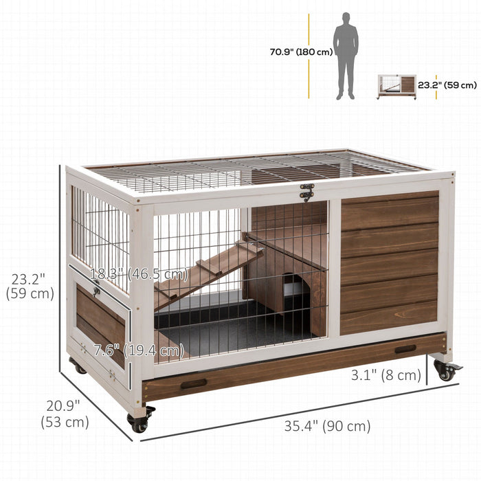Pawhut Wooden Indoor Rabbit Hutch Elevated Bunny Cage Habitat With Enclosed Run With Wheels, Suitabl
